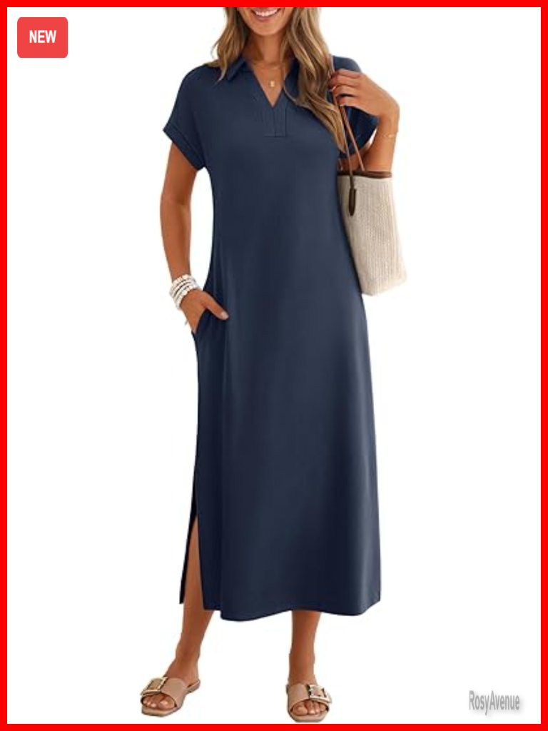 Cap Sleeve V Neck Maxi Dress With Pockets Side Slits